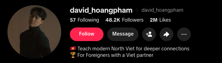 David Pham's TikTok profile with over 48,000 followers and 2 million likes